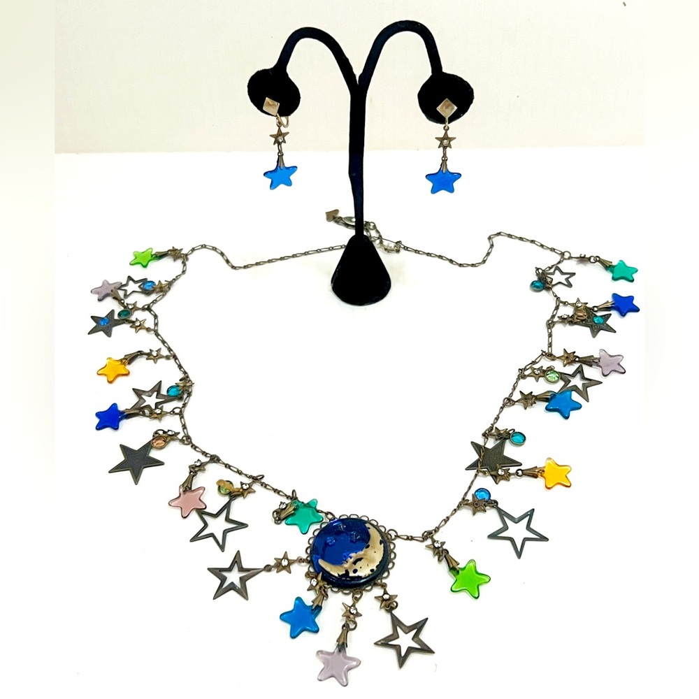 Rare vintage Set Blue Man in the Moon and Stars Crystal Charm Necklace